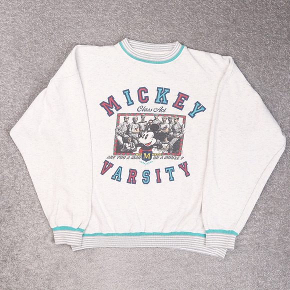 Vintage 90s Disney Mickey Varsity XL Gray Long Sleeve Pullover Sweatshirt - Picture 1 of 10